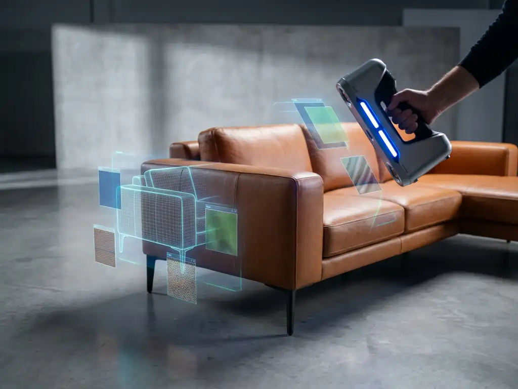 Modern leather sofa with 3D holographic configurator displaying fabric and color options in minimalist showroom