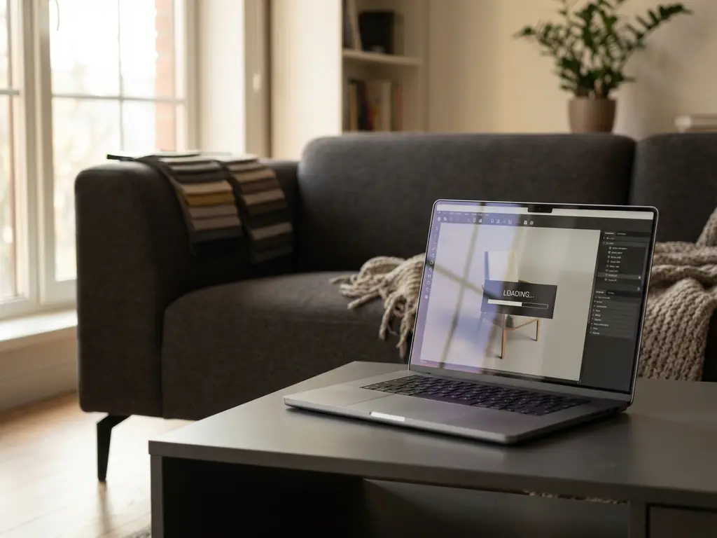 Laptop displaying 3D furniture configurator with loading chair model on coffee table next to modern sofa with fabric swatches