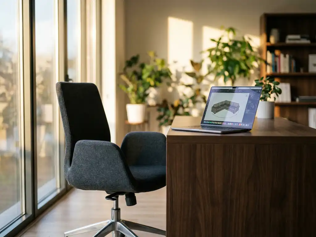 Laptop displaying 3D furniture configurator with rotating sofa model on wooden desk in modern office with natural lighting.