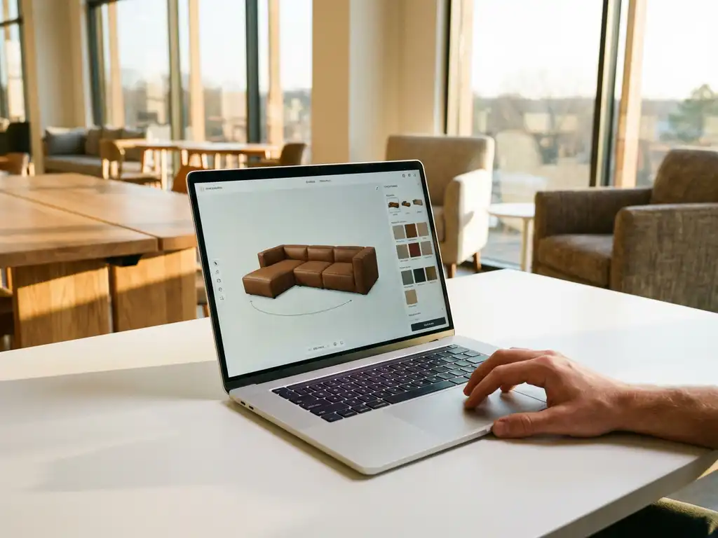 Laptop displaying 3D sofa configurator on white desk in contemporary furniture showroom with natural lighting