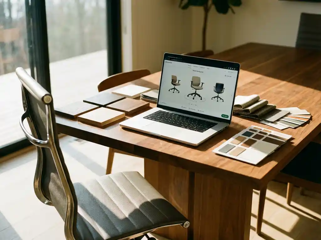 Laptop displaying 3D furniture configurator with rotating chairs on wooden dining table surrounded by fabric and wood samples