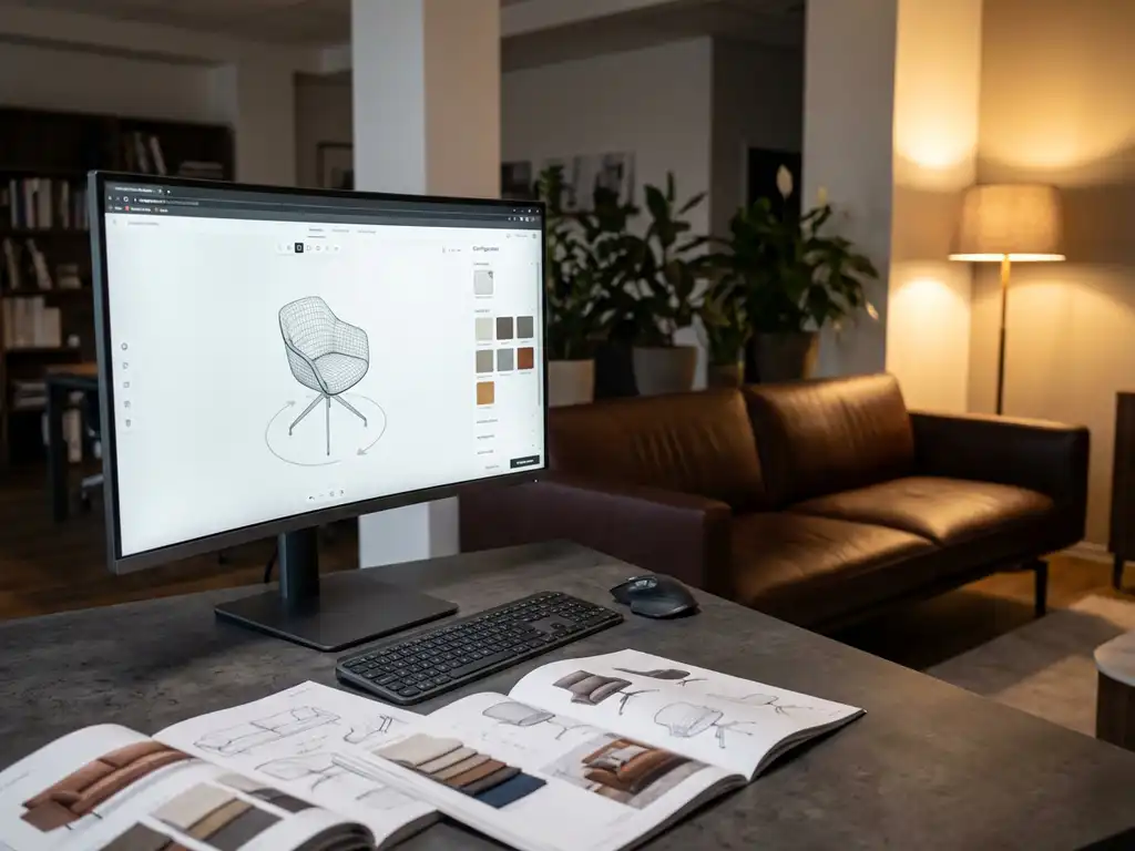 3D furniture configurator software displaying rotating chair model on computer monitor with leather sofa and office setup