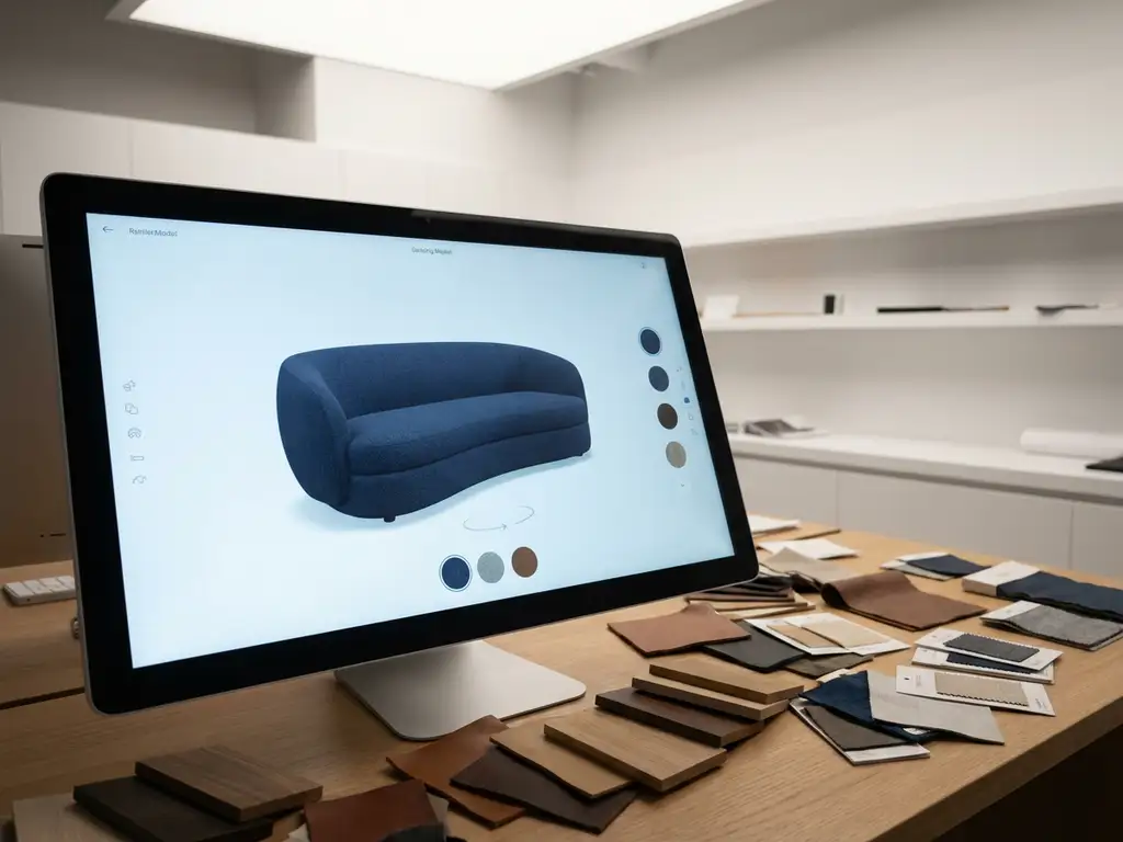 Modern sofa on 3D configurator touchscreen with fabric swatches and wood samples in product development studio
