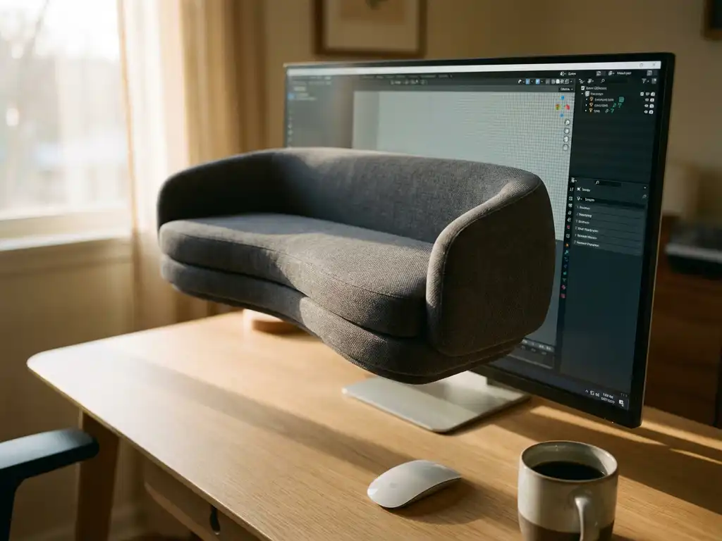 Modern sofa displayed on computer monitor with 3D configurator interface, wireless mouse and coffee cup on desk