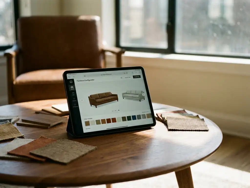 Tablet displaying 3D furniture configurator app on wooden coffee table with fabric samples and leather chair in background