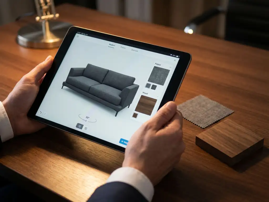 Professional hands holding tablet displaying 3D furniture configurator with rotating modern sofa, fabric and wood samples on desk