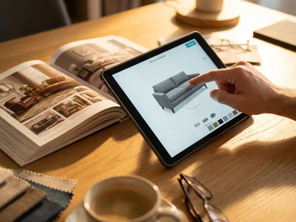Tablet displaying 3D furniture configurator with rotating modern sofa on designer's desk beside open furniture catalog