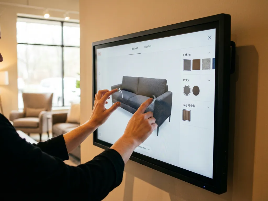 Hands interacting with touchscreen display showing 3D furniture configurator rotating modern sofa in showroom setting