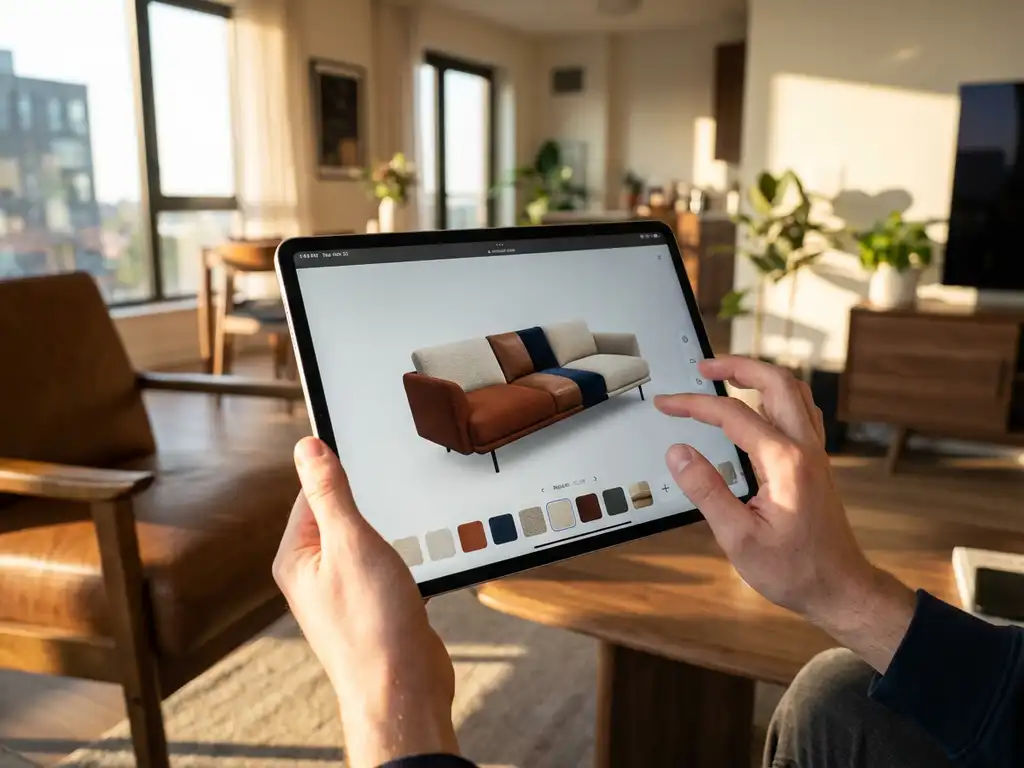 Person holding tablet displaying 3D sofa customization app with rotating furniture model in different fabrics and colors