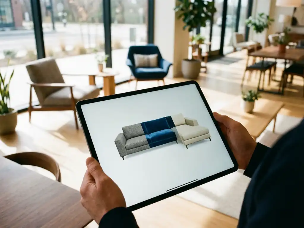 Person holding tablet displaying 3D sofa customization tool with different fabric options in modern furniture showroom