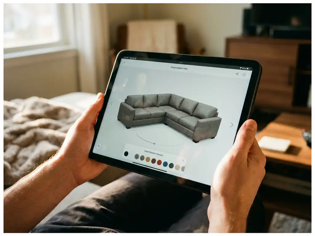 Hands holding tablet displaying rotating 3D sectional sofa model with fabric options in cozy living room setting