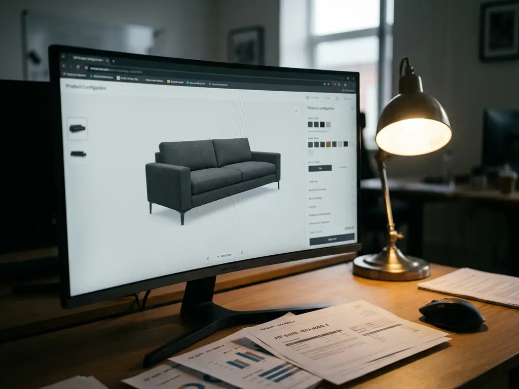 Modern sofa displayed on computer monitor with 3D configurator interface, printed quotes on desk with mouse and lamp