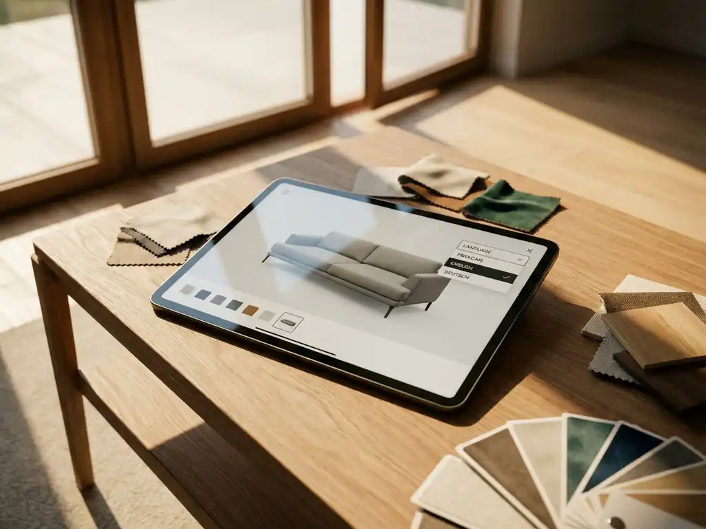 Tablet displaying 3D furniture configurator with modern sofa and language options on wooden table with fabric samples