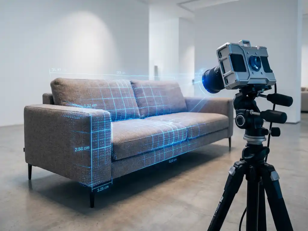 Modern gray sofa being scanned by 3D scanner with blue holographic grid lines in white showroom