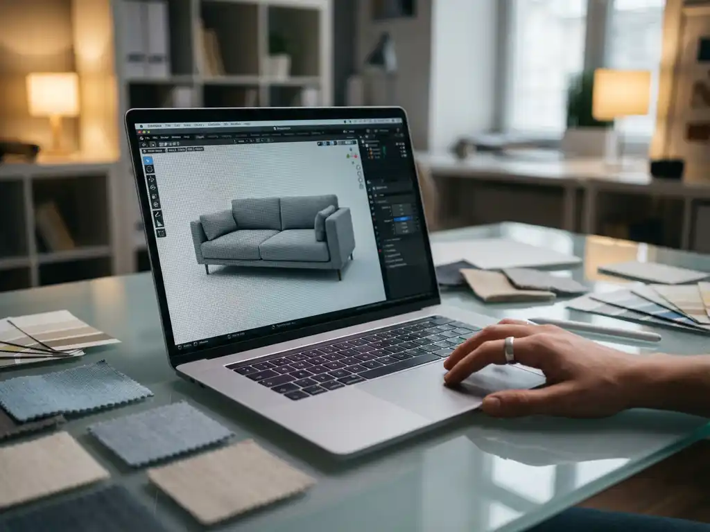 Modern sofa displayed on laptop screen with 3D configurator interface, designer's hand on trackpad, fabric swatches on glass desk