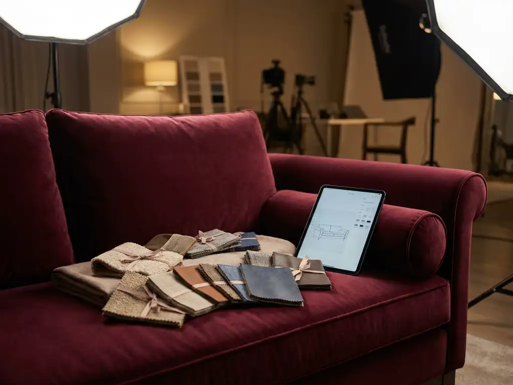 Burgundy velvet sofa with fabric swatches and tablet displaying 3D furniture configurator in modern showroom