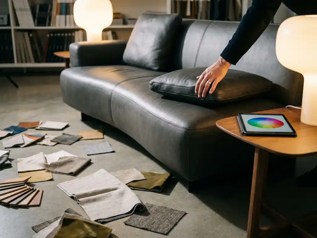 Modern sofa being customized with fabric swatches and color samples, designer's hand adjusting cushion in warm studio lighting
