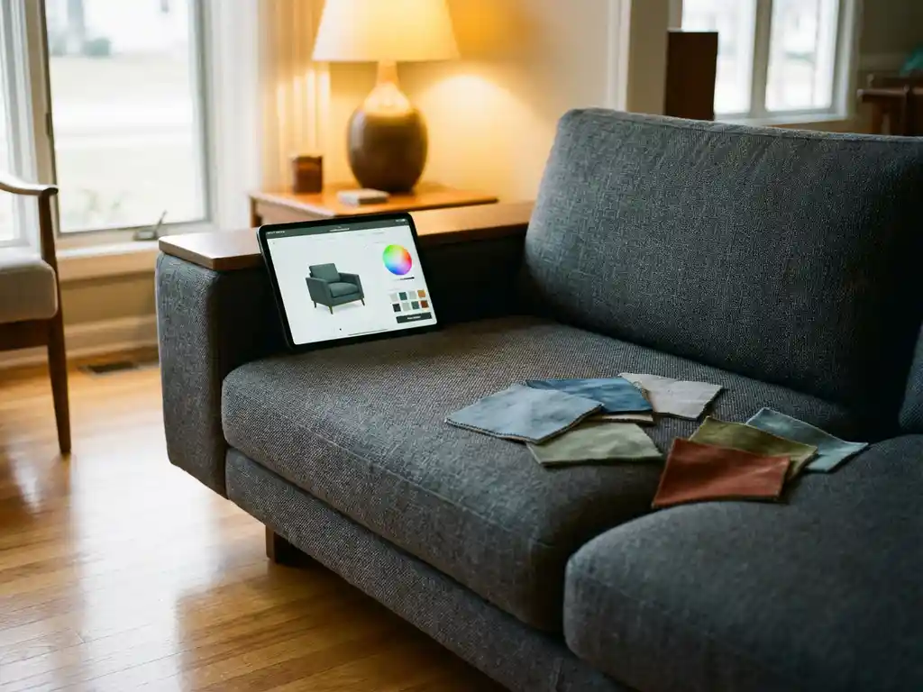 Modern sofa with fabric swatches and tablet showing furniture customization interface in bright living room