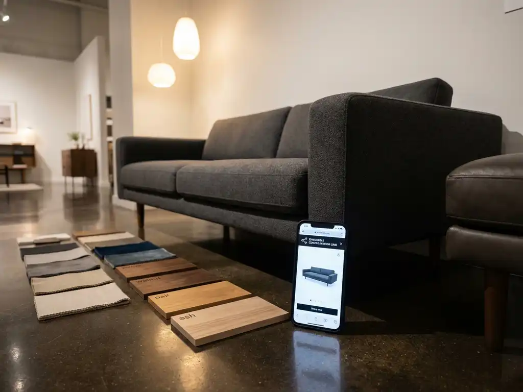 Modern customizable sofa with fabric swatches and wood samples in showroom, smartphone with configuration link on armrest