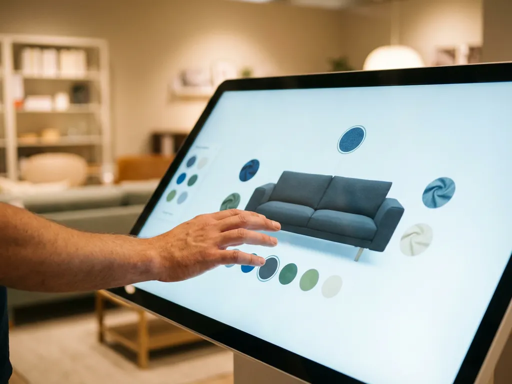 Customer using touchscreen to customize modern sofa with 3D configurator showing fabric and color options in showroom