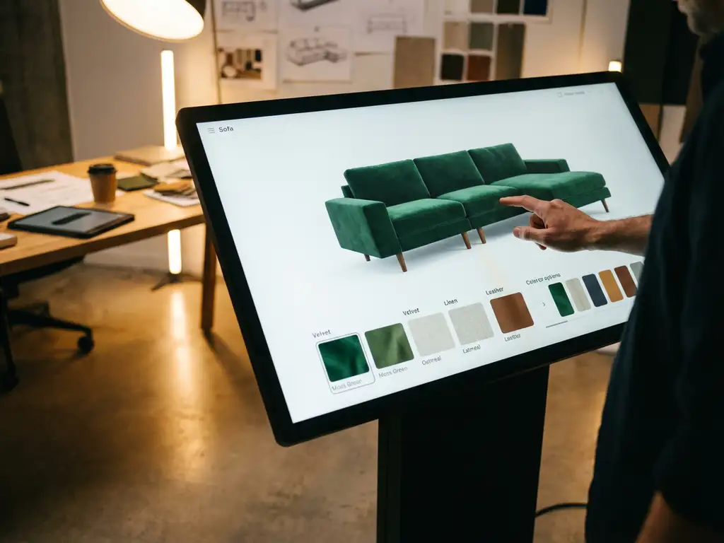 Modern sofa being customized on touchscreen display with real-time 3D visualization and fabric color options