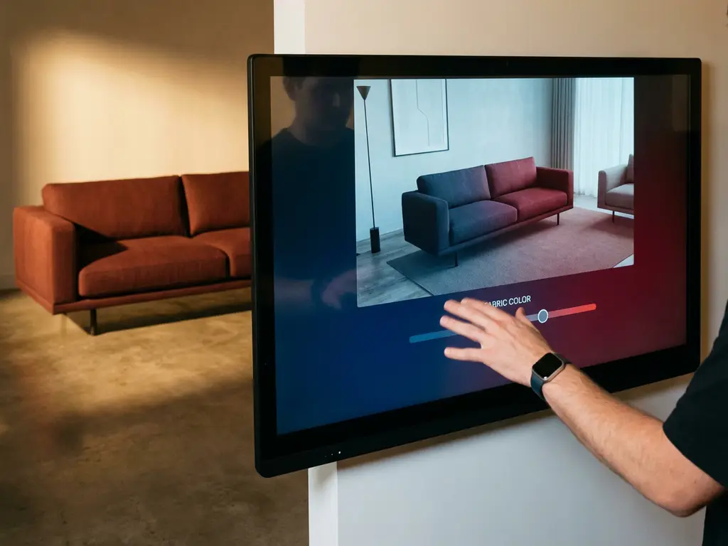 Modern sofa being customized on touchscreen interface, fabric changing from navy to burgundy as hand gestures on display