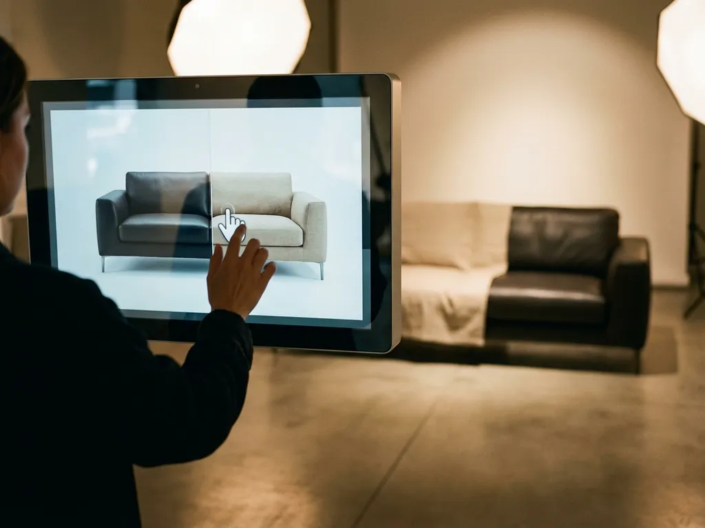 Person customizing modern sofa on touchscreen interface, changing fabric from leather to linen with physical sofa visible behind
