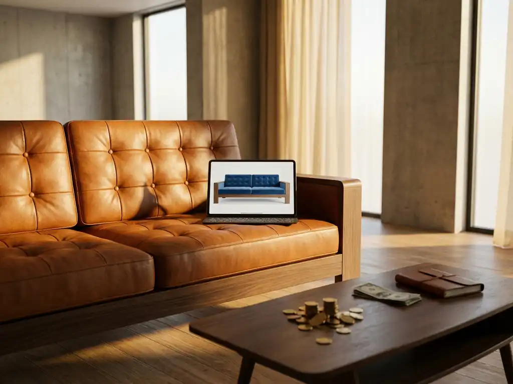 Modern leather sofa in elegant showroom with 3D configurator tablet showing fabric options and scattered money on table