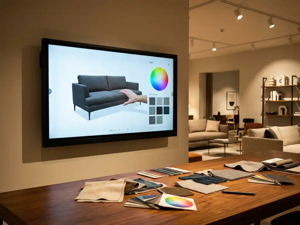 Modern sofa displayed on interactive touchscreen with fabric swatches on wooden table in furniture showroom