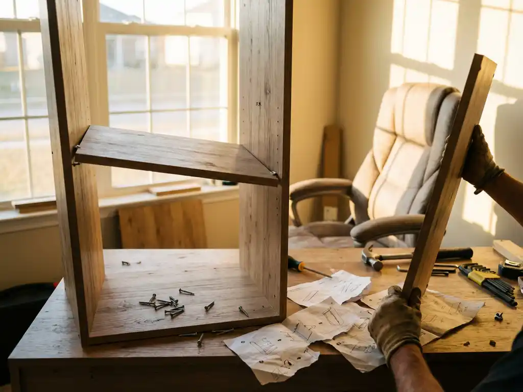 Person struggling with furniture assembly at wooden desk, holding wrong panel with scattered tools and crooked bookshelf nearby.