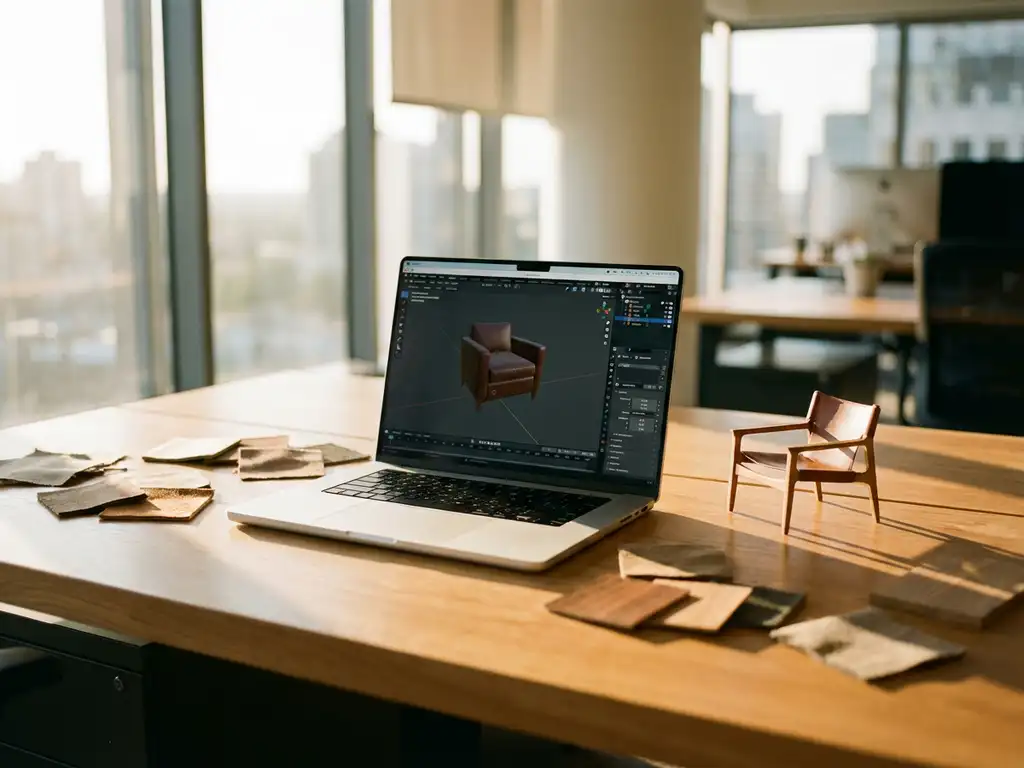 Laptop displaying 3D furniture configurator with brown leather armchair on modern office desk surrounded by fabric samples