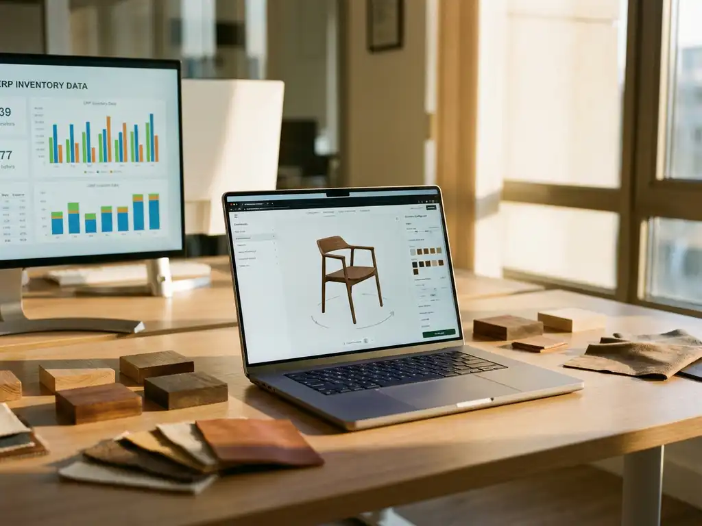 Laptop displaying 3D furniture configurator with rotating wooden chair model, surrounded by wood and fabric samples on modern office desk