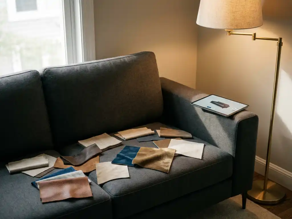 Modern sofa with colorful fabric swatches and material samples, tablet showing furniture configurator interface