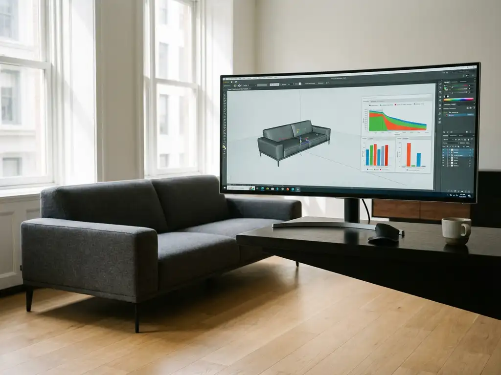 Modern charcoal sofa positioned in front of computer monitor displaying 3D furniture configurator interface and analytics charts.