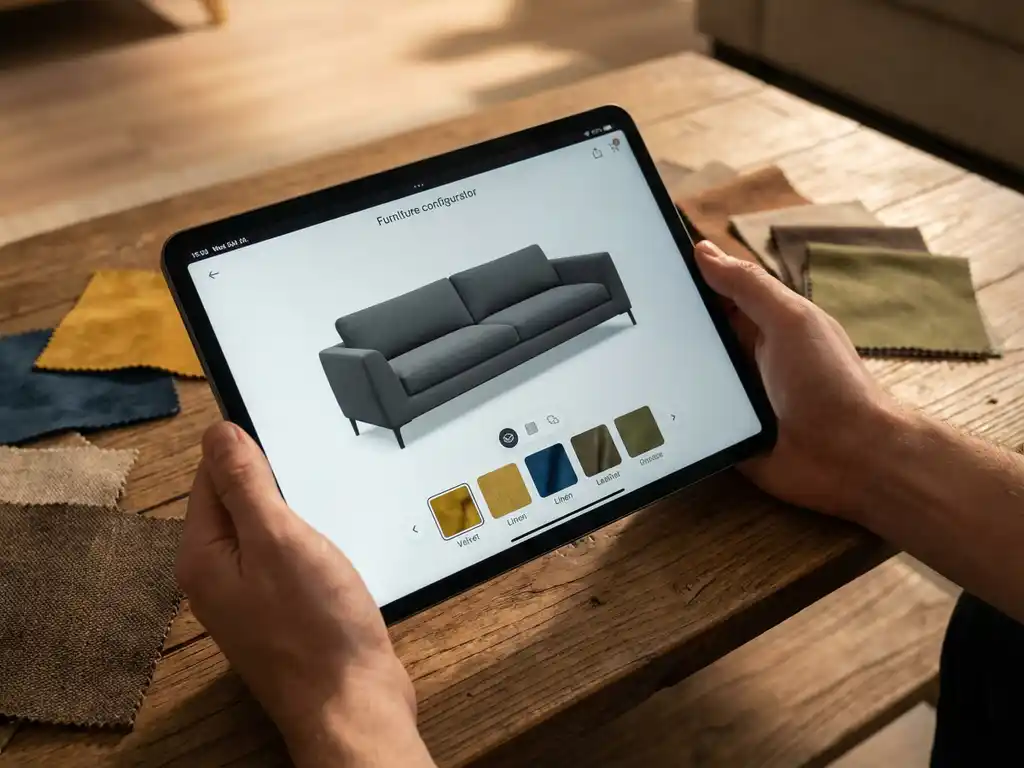 3D furniture configurator app on tablet displaying modern sofa in various colors and fabrics with fabric swatches nearby