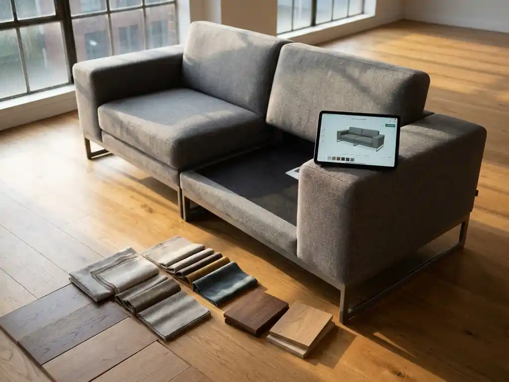 Tablet displaying 3D furniture configurator on partially assembled modern sofa with fabric samples on wooden floor