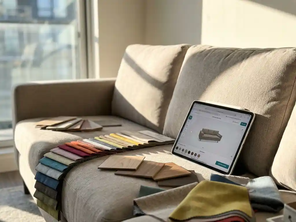 Modern sofa with fabric swatches and wood samples, tablet showing 3D furniture configurator in sunlit living room