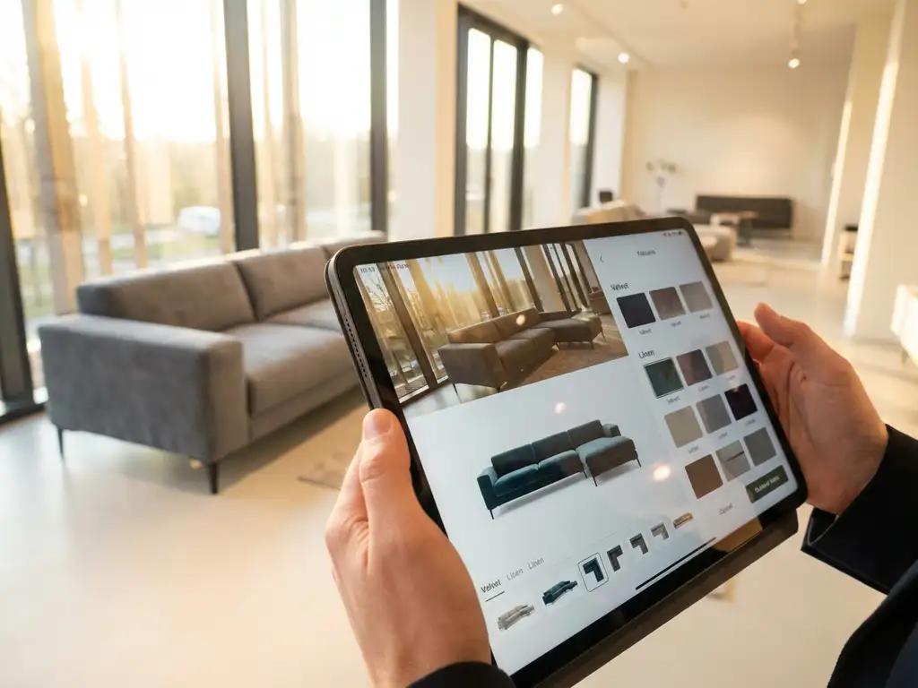 Person holding tablet showing digital sofa customization options with different colors and fabrics in bright furniture showroom
