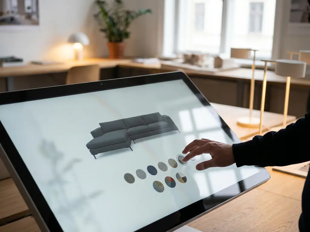 Designer selecting fabric patterns on touchscreen displaying customizable modern sofa with multiple color variations