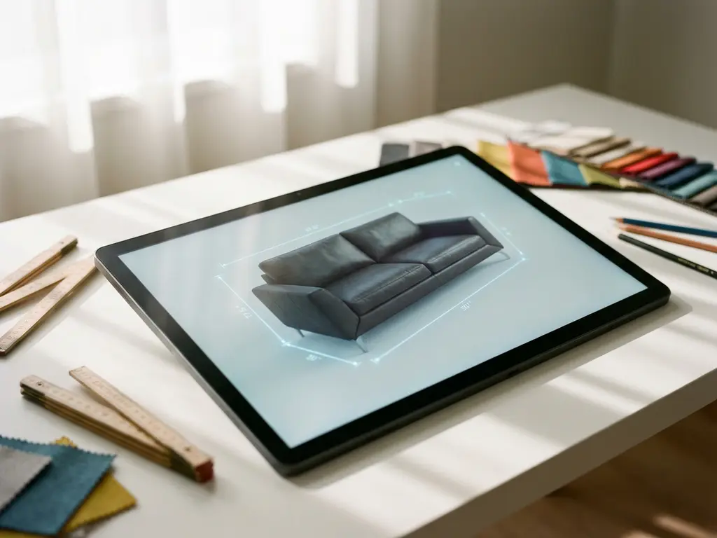 Modern sofa being digitally configured on touchscreen tablet with measuring tools and fabric samples on white desk