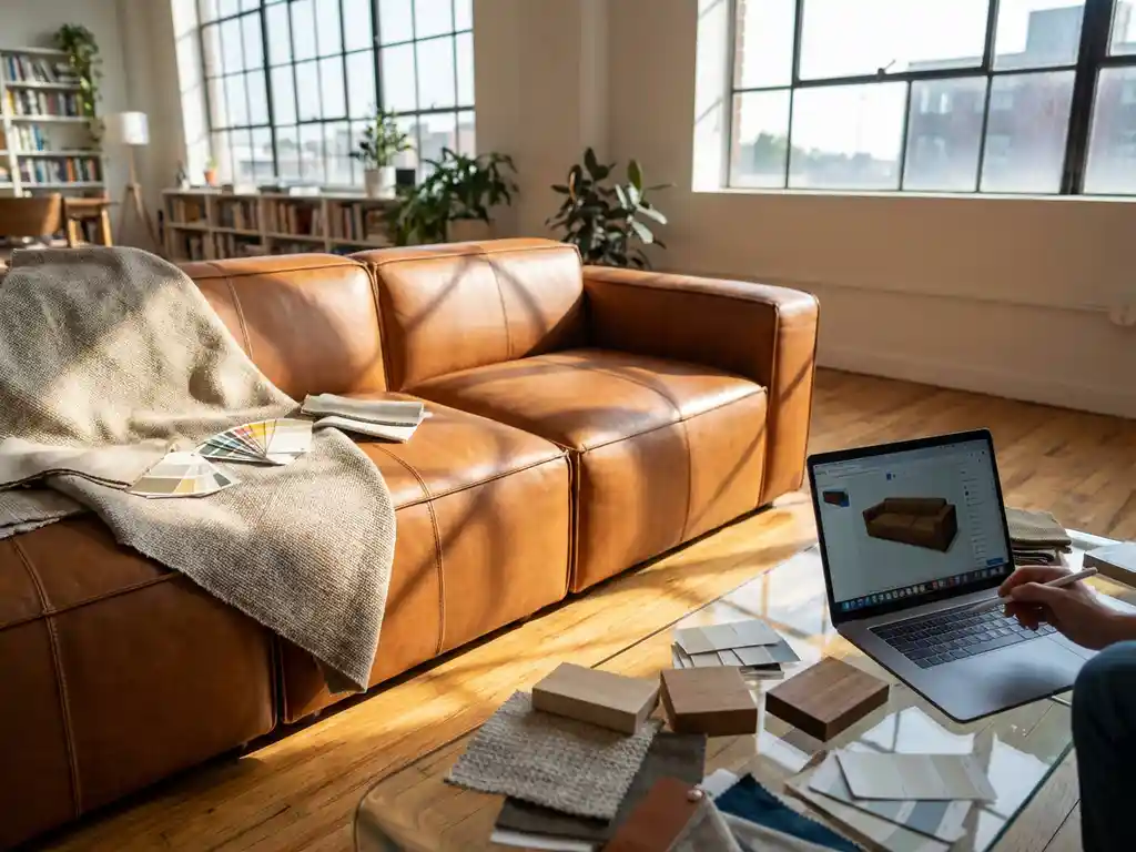 Modern leather sofa with fabric swatches on glass coffee table, laptop showing 3D furniture configurator in sunlit room