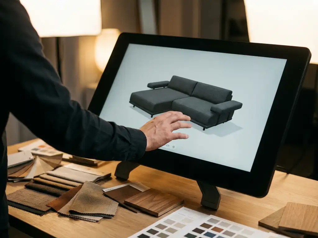 Designer customizing modern sofa on touchscreen with 3D rotation while fabric swatches and wood samples sit on desk