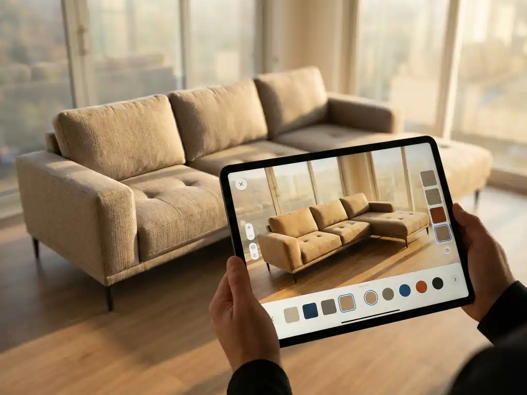 Person holding tablet displaying customizable modern sofa interface with matching physical sofa in sunlit living room