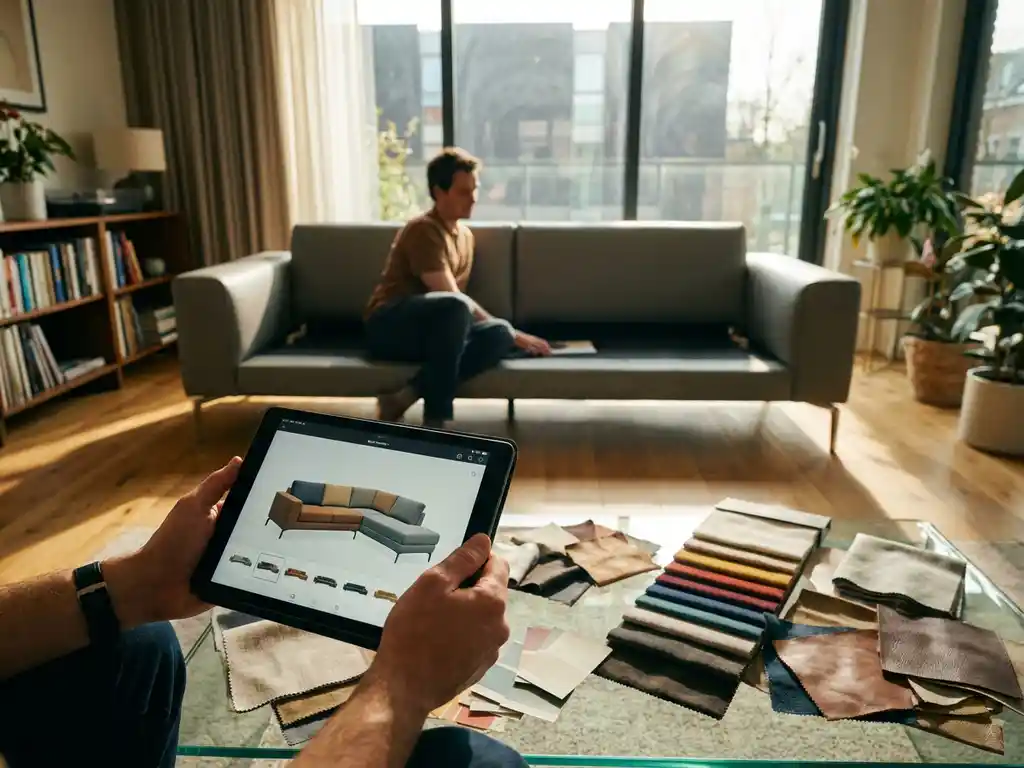 Customer holding tablet displaying sofa customization options in modern living room with fabric samples on coffee table
