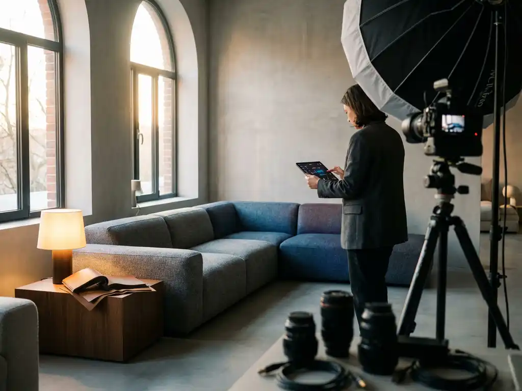 Modern sofa in contemporary showroom with person using tablet to customize furniture digitally in real-time under warm lighting.