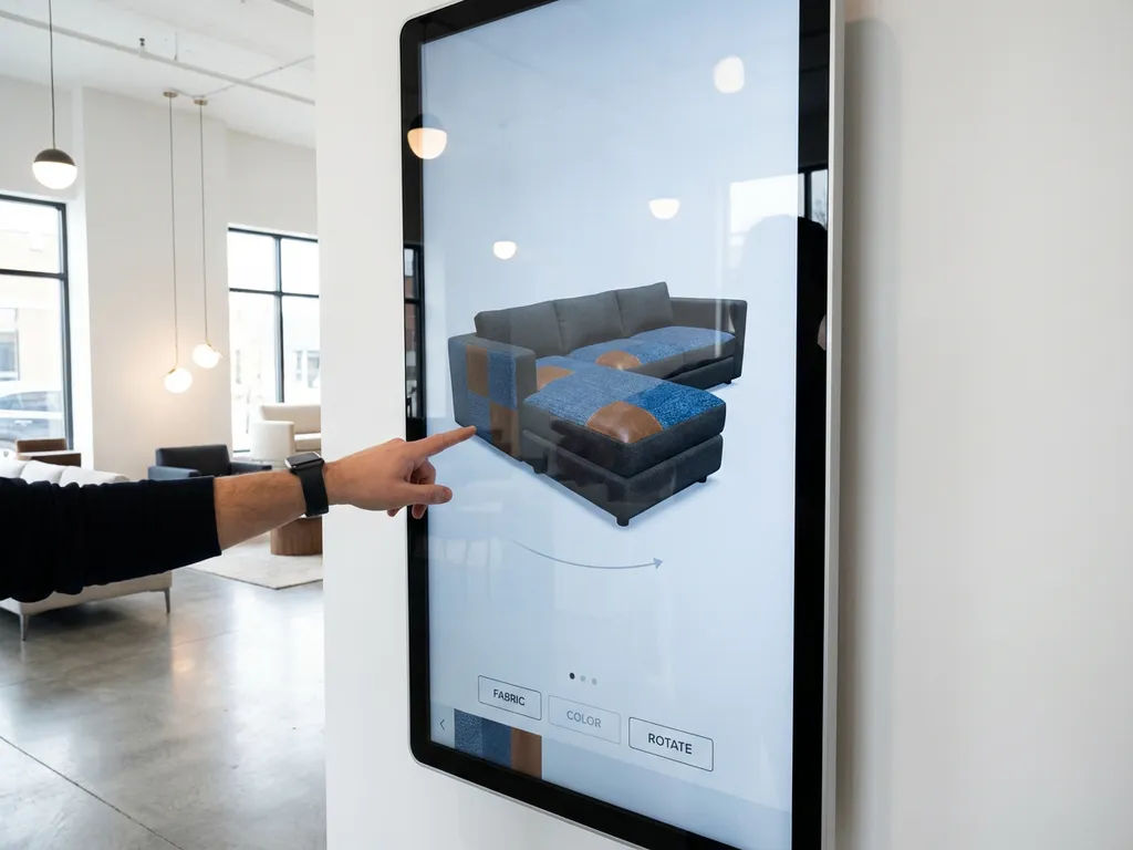 Modern sofa being customized on touchscreen display in contemporary furniture showroom with designer's hand reaching toward 3D interface