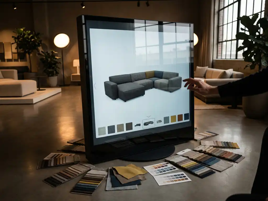 Modern sofa displayed on touchscreen with 3D customization options and fabric swatches in furniture showroom