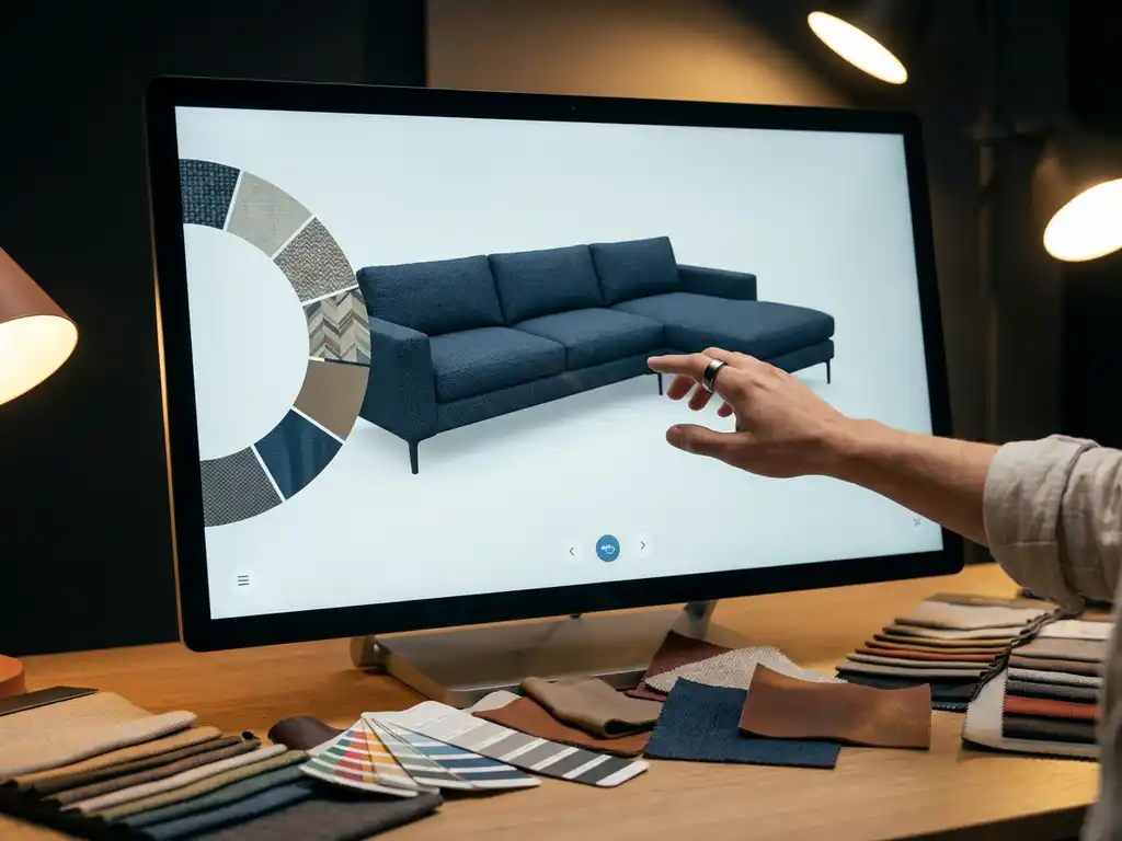 Person customizing modern sofa on touchscreen display with fabric swatches and color options scattered around monitor base.