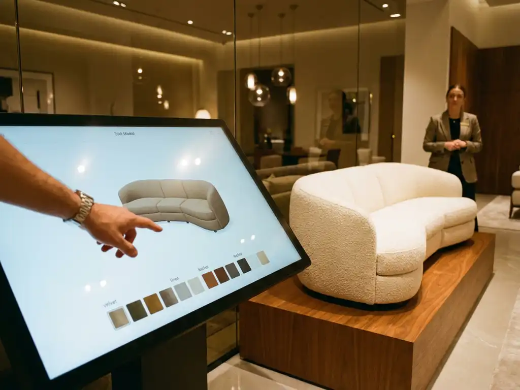 Customer customizing modern sofa on touchscreen display in furniture showroom, selecting fabric and color options