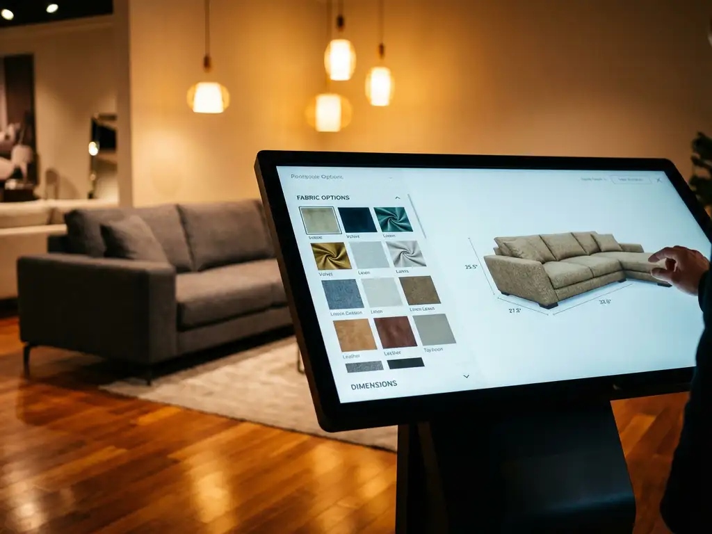 Modern sofa being customized on touchscreen display showing fabric textures and 3D rendering in furniture showroom